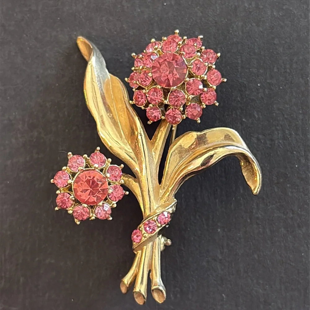 Vintage Pink Rose Crystal Floral Brass Brooch - Picture 2 of 5